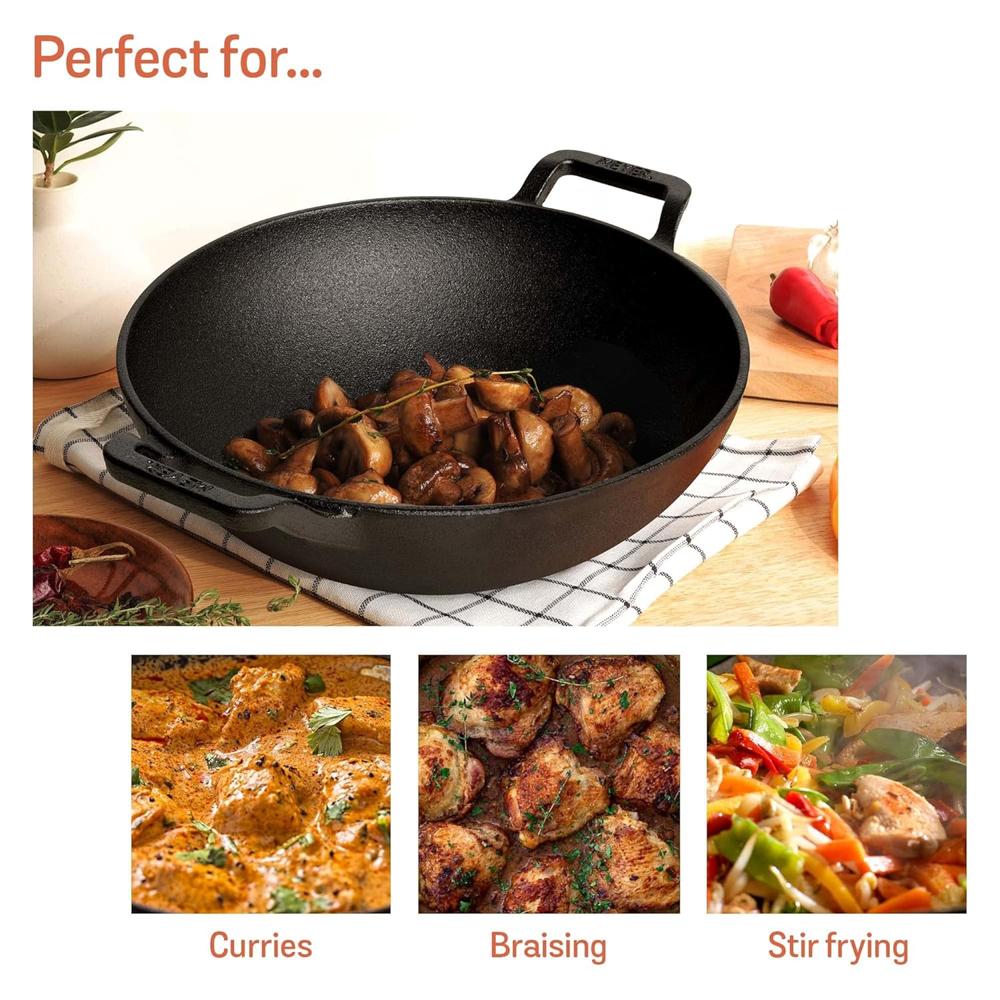  Meyer Pre Seasoned Cast Iron Kadai|Iron Kadhai with Lid for Cooking and Stir Frying | Heavy Base Iron Kadai Small Size | Gas Stove and Induction Friendly 20cm/ 1.5 Liters, Black 48449