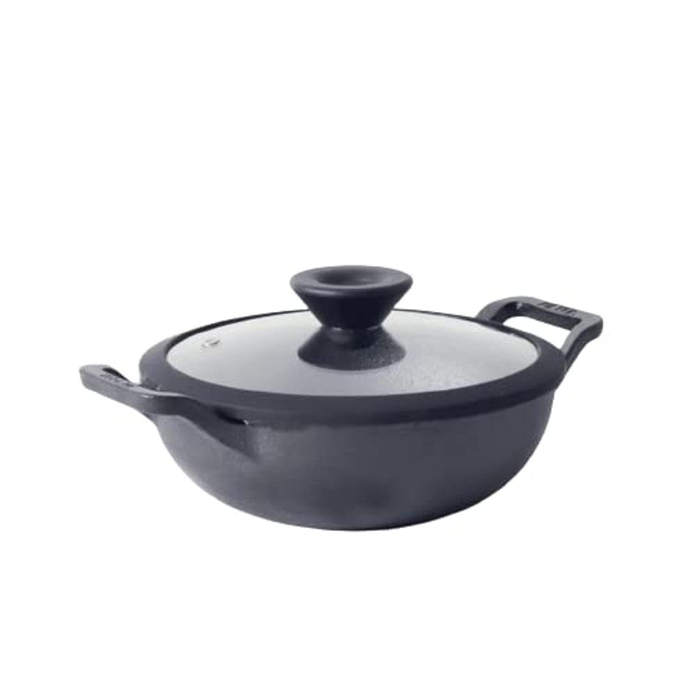 Meyer Pre Seasoned Cast Iron Kadai|Iron Kadhai with Lid for Cooking and Stir Frying | Heavy Base Iron Kadai Small Size | Gas Stove and Induction Friendly 24cm/ 1.5 Liters, Black 48450