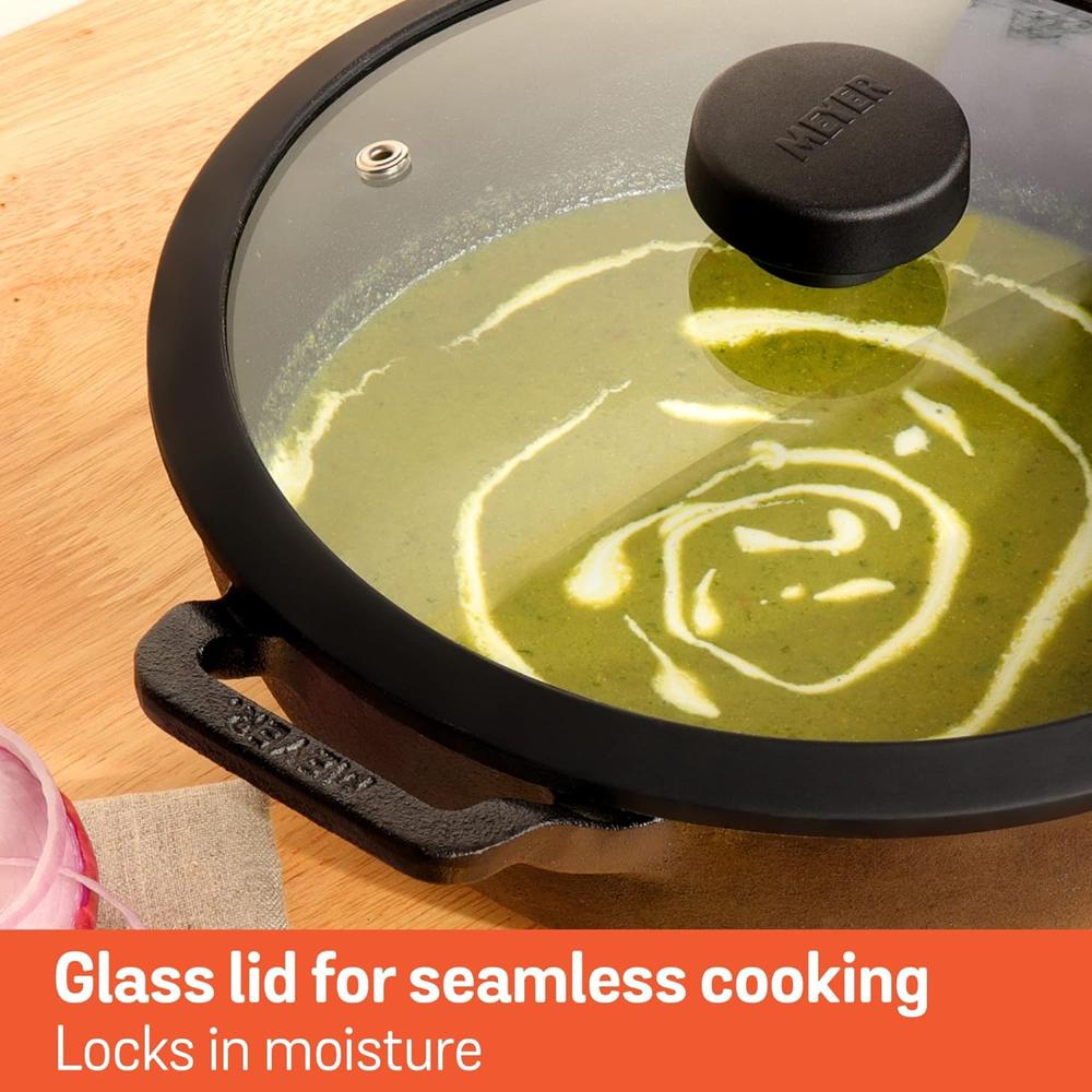 Meyer Pre Seasoned Cast Iron Kadai|Iron Kadhai with Lid for Cooking and Stir Frying | Heavy Base Iron Kadai Small Size | Gas Stove and Induction Friendly 24cm/ 1.5 Liters, Black 48450