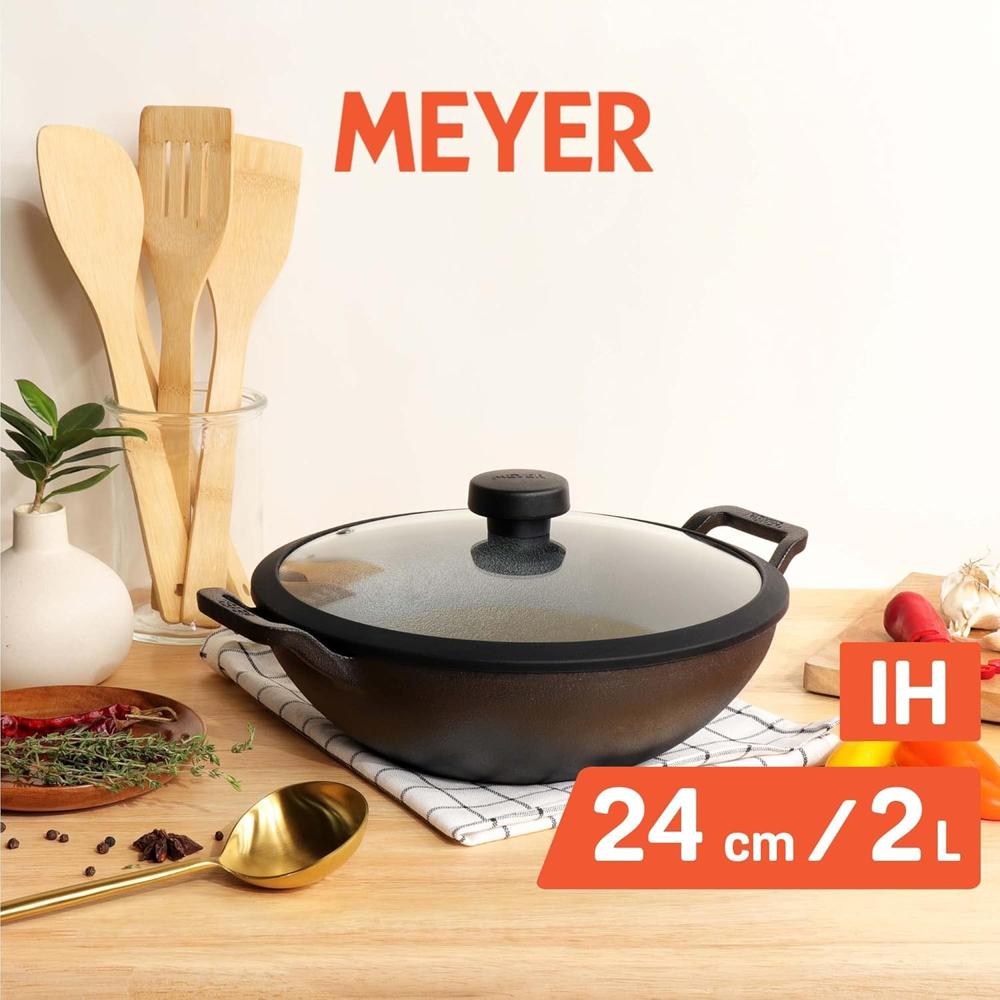 Meyer Pre Seasoned Cast Iron Kadai|Iron Kadhai with Lid for Cooking and Stir Frying | Heavy Base Iron Kadai Small Size | Gas Stove and Induction Friendly 24cm/ 1.5 Liters, Black 48450