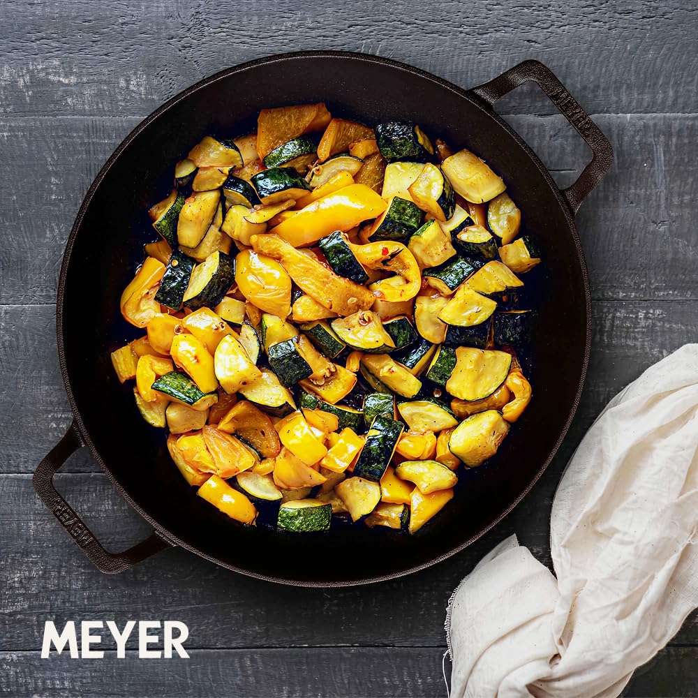 Meyer Pre Seasoned Cast Iron Kadai|Iron Kadhai with Lid for Cooking and Stir Frying | Heavy Base Iron Kadai Big Size | Gas Stove and Induction Friendly 26cm/ 3 Liters, Black 48185