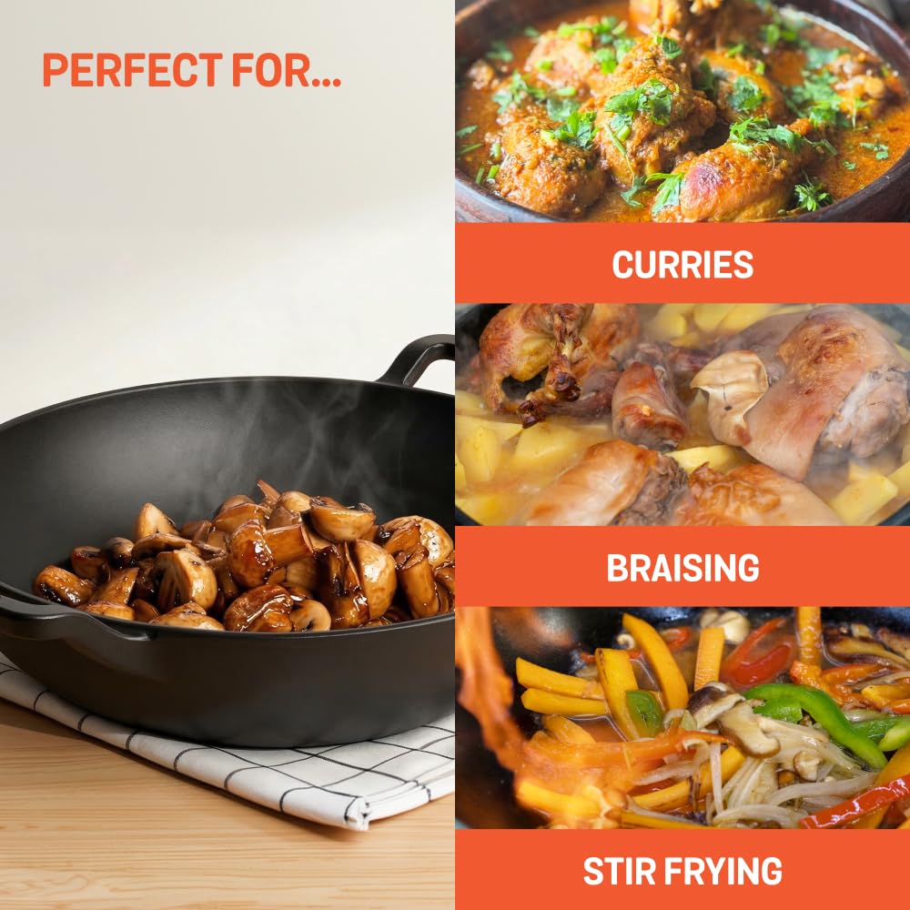Meyer Pre Seasoned Cast Iron Kadai|Iron Kadhai with Lid for Cooking and Stir Frying | Heavy Base Iron Kadai Big Size | Gas Stove and Induction Friendly 26cm/ 3 Liters, Black 48185