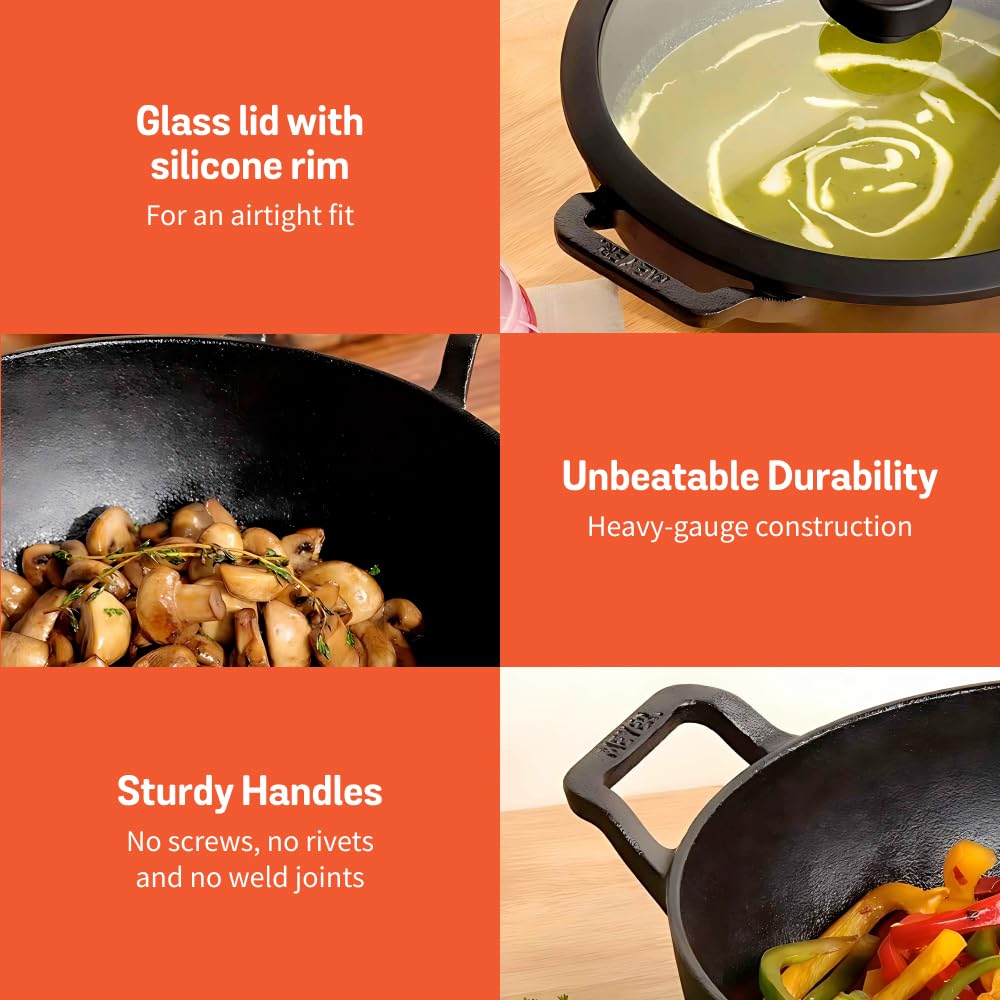 Meyer Pre Seasoned Cast Iron Kadai|Iron Kadhai with Lid for Cooking and Stir Frying | Heavy Base Iron Kadai Big Size | Gas Stove and Induction Friendly 26cm/ 3 Liters, Black 48185