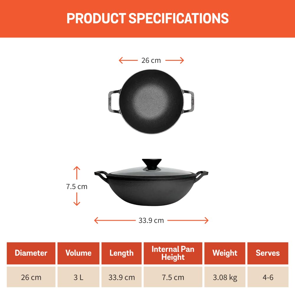 Meyer Pre Seasoned Cast Iron Kadai|Iron Kadhai with Lid for Cooking and Stir Frying | Heavy Base Iron Kadai Big Size | Gas Stove and Induction Friendly 26cm/ 3 Liters, Black 48185