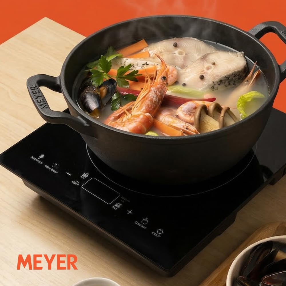 Meyer Pre Seasoned Cast Iron Kadai|Iron Kadhai with Lid for Cooking and Stir Frying | Heavy Base Iron Kadai Big Size | Gas Stove and Induction Friendly 26cm/ 3 Liters, Black 48185