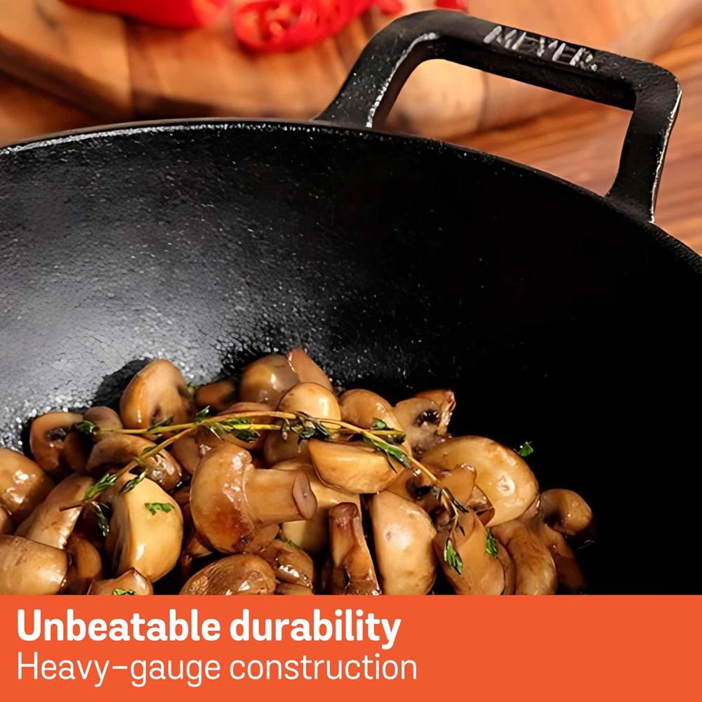 Meyer Pre Seasoned Cast Iron Kadai|Iron Kadhai with Lid for Cooking and Stir Frying | Heavy Base Iron Kadai Big Size | Gas Stove and Induction Friendly 30cm/ 4.5 Liters, Black 48186