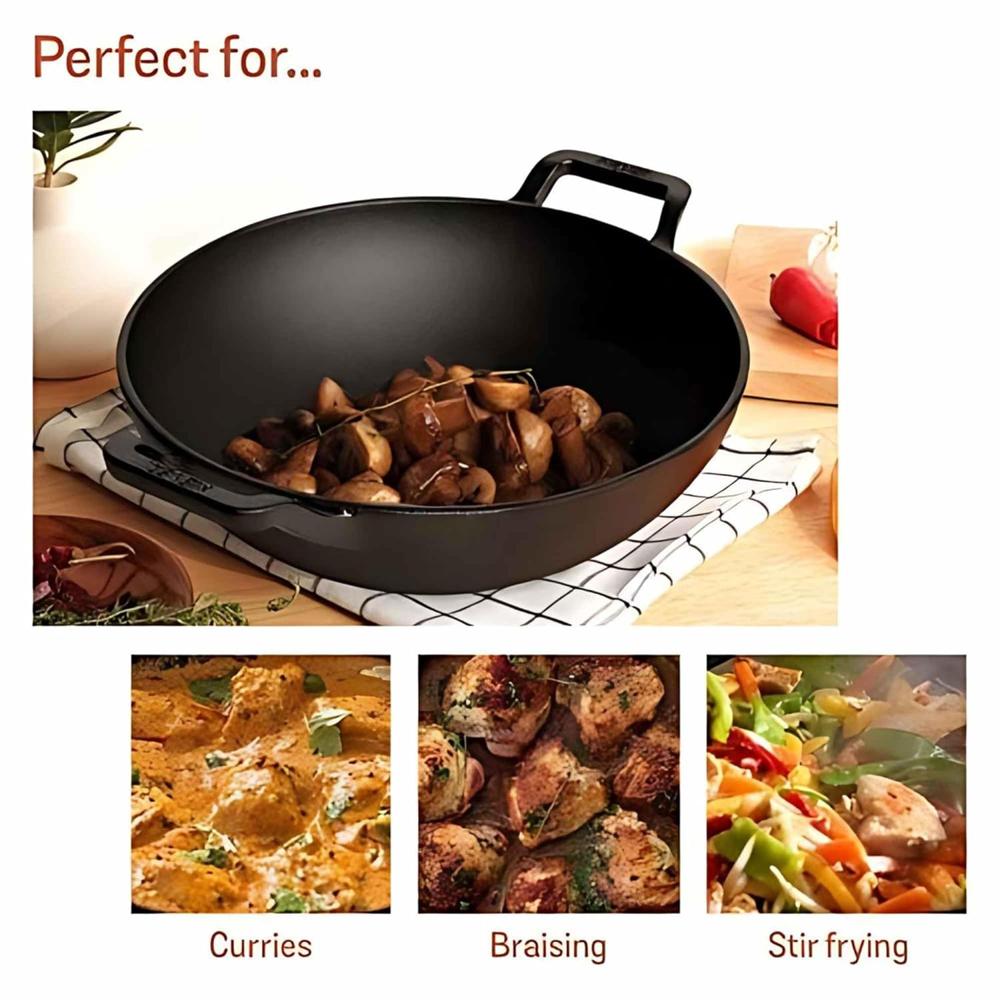 Meyer Pre Seasoned Cast Iron Kadai|Iron Kadhai with Lid for Cooking and Stir Frying | Heavy Base Iron Kadai Big Size | Gas Stove and Induction Friendly 30cm/ 4.5 Liters, Black 48186