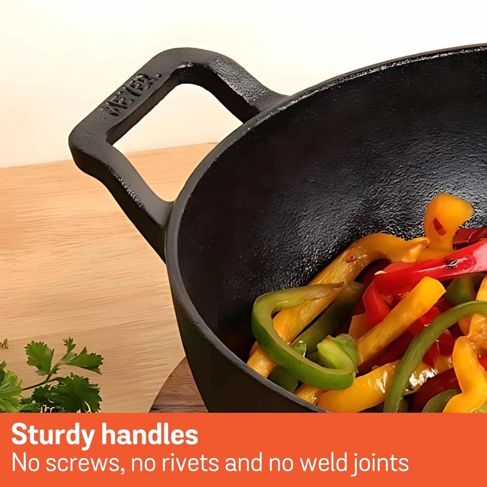 Meyer Pre Seasoned Cast Iron Kadai|Iron Kadhai with Lid for Cooking and Stir Frying | Heavy Base Iron Kadai Big Size | Gas Stove and Induction Friendly 30cm/ 4.5 Liters, Black 48186