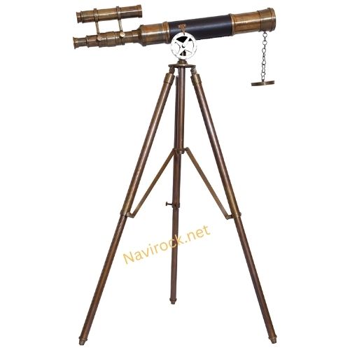 Vintage Brass Double Barrel Telescope with Adjustable Wooden Tripod Nautical Marine Floor Standing
