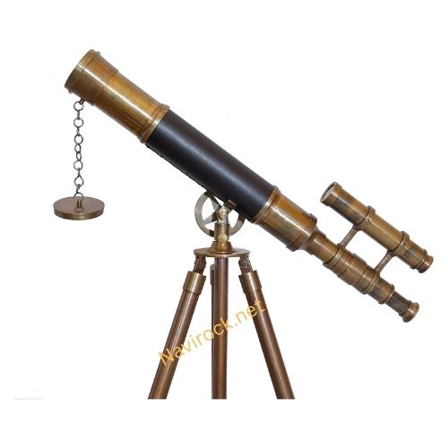 Vintage Brass Double Barrel Telescope with Adjustable Wooden Tripod Nautical Marine Floor Standing
