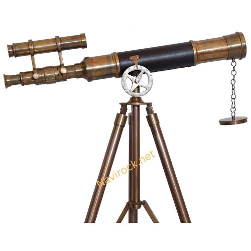 Vintage Brass Double Barrel Telescope with Adjustable Wooden Tripod Nautical Marine Floor Standing