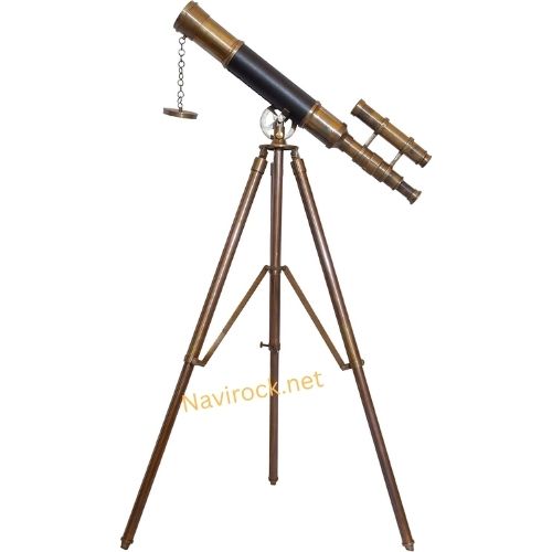 Vintage Brass Double Barrel Telescope with Adjustable Wooden Tripod Nautical Marine Floor Standing