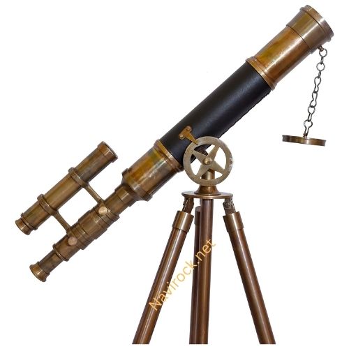Vintage Brass Double Barrel Telescope with Adjustable Wooden Tripod Nautical Marine Floor Standing