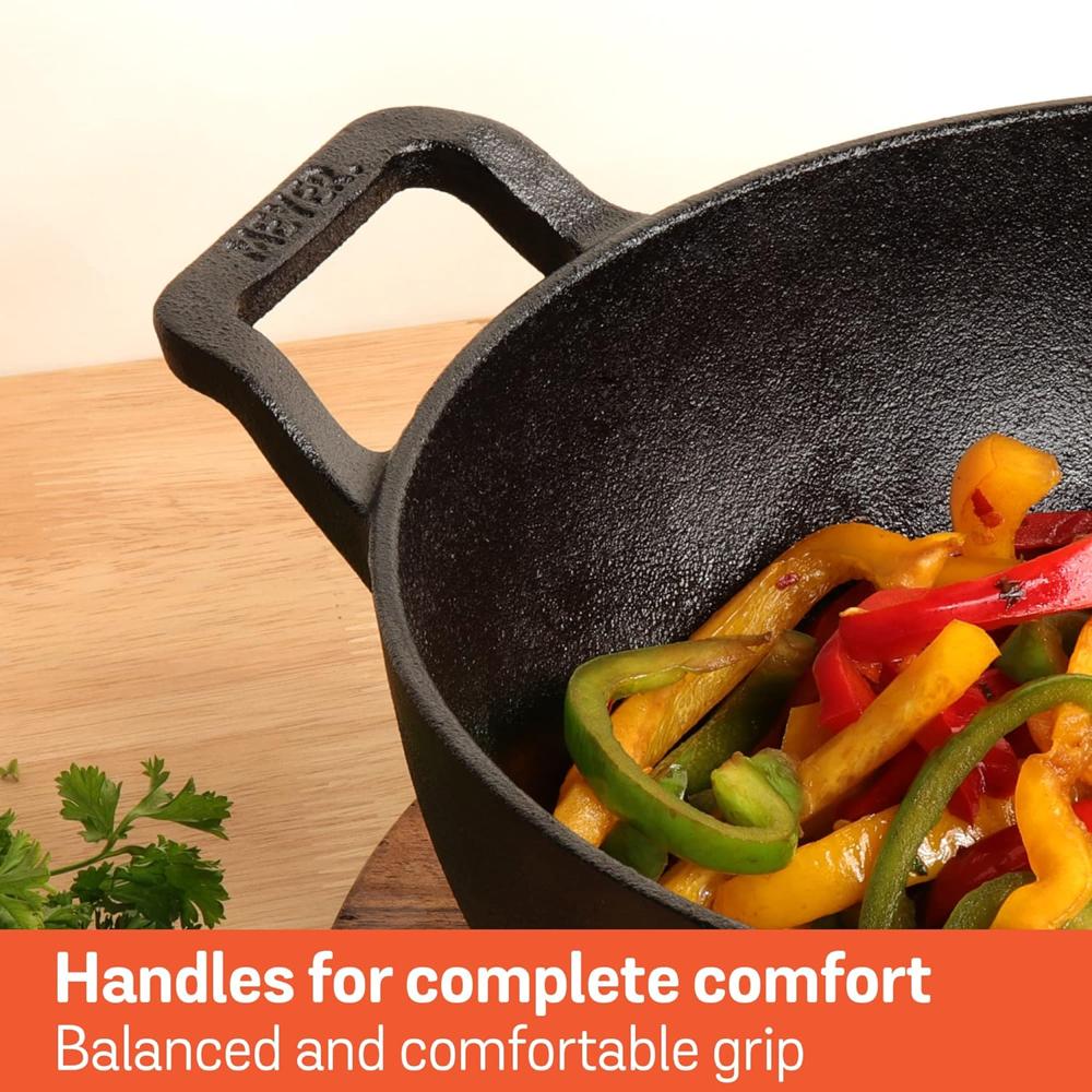 Meyer Pre Seasoned Cast Iron Kadai|Iron Kadhai with Lid for Cooking and Deep Frying | Heavy Base Iron Kadai Small Size | Gas Stove and Induction Friendly 20cm/ 2 Liters, Black 48187