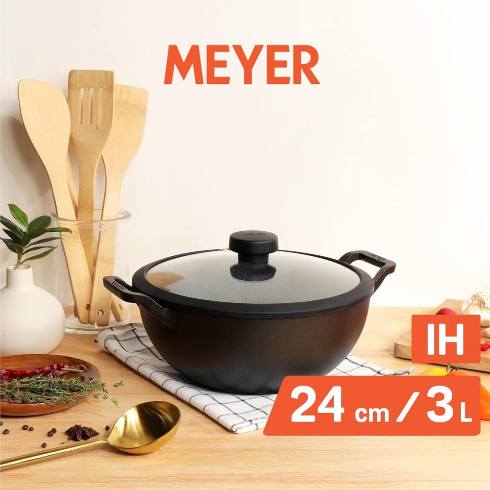 Meyer Pre Seasoned Cast Iron Kadai|Iron Kadhai with Lid for Cooking and Deep Frying | Heavy Base Iron Kadai Small Size | Gas Stove and Induction Friendly 24cm/ 3 Liters, Black 48188