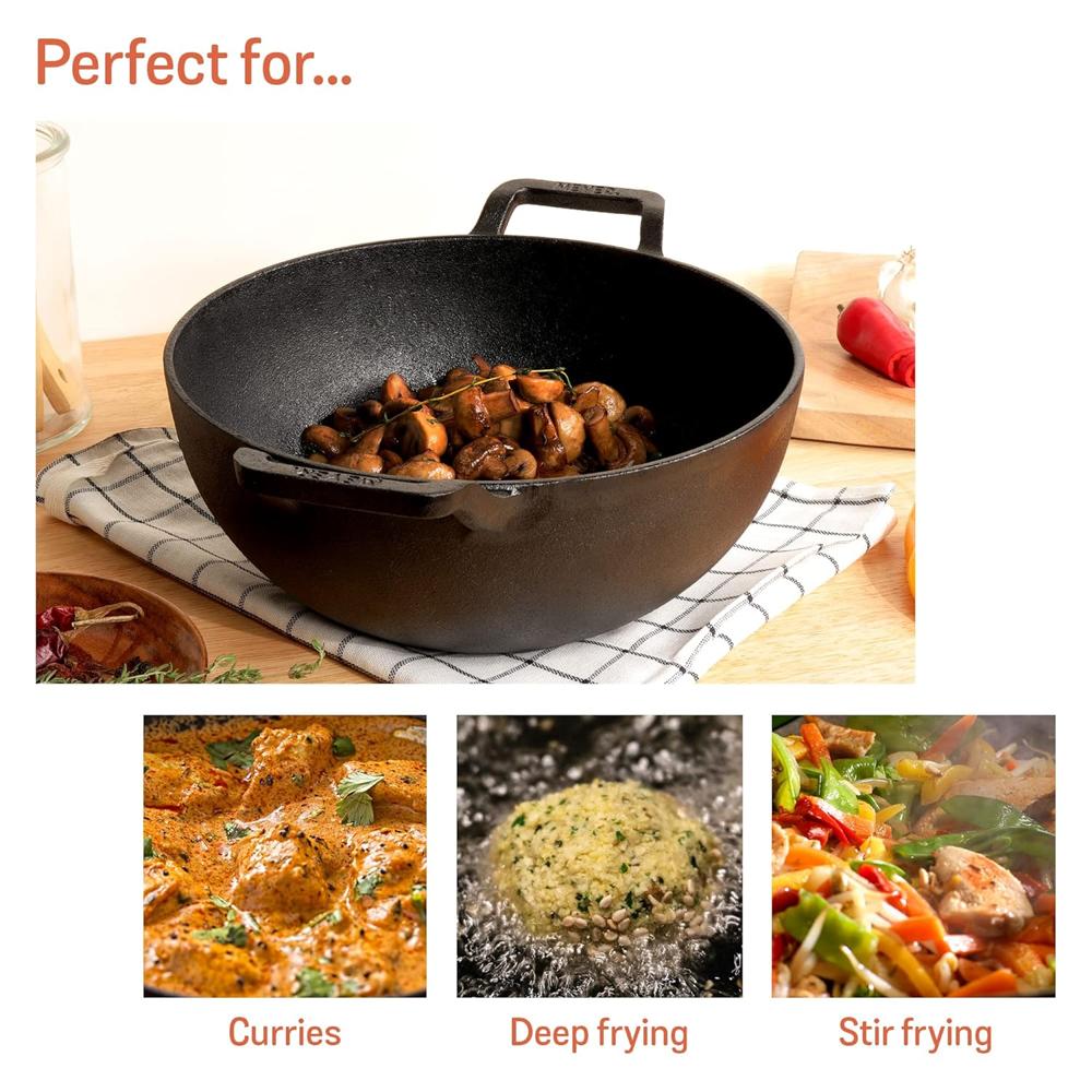 Meyer Pre Seasoned Cast Iron Kadai|Iron Kadhai with Lid for Cooking and Deep Frying | Heavy Base Iron Kadai Small Size | Gas Stove and Induction Friendly 24cm/ 3 Liters, Black 48188