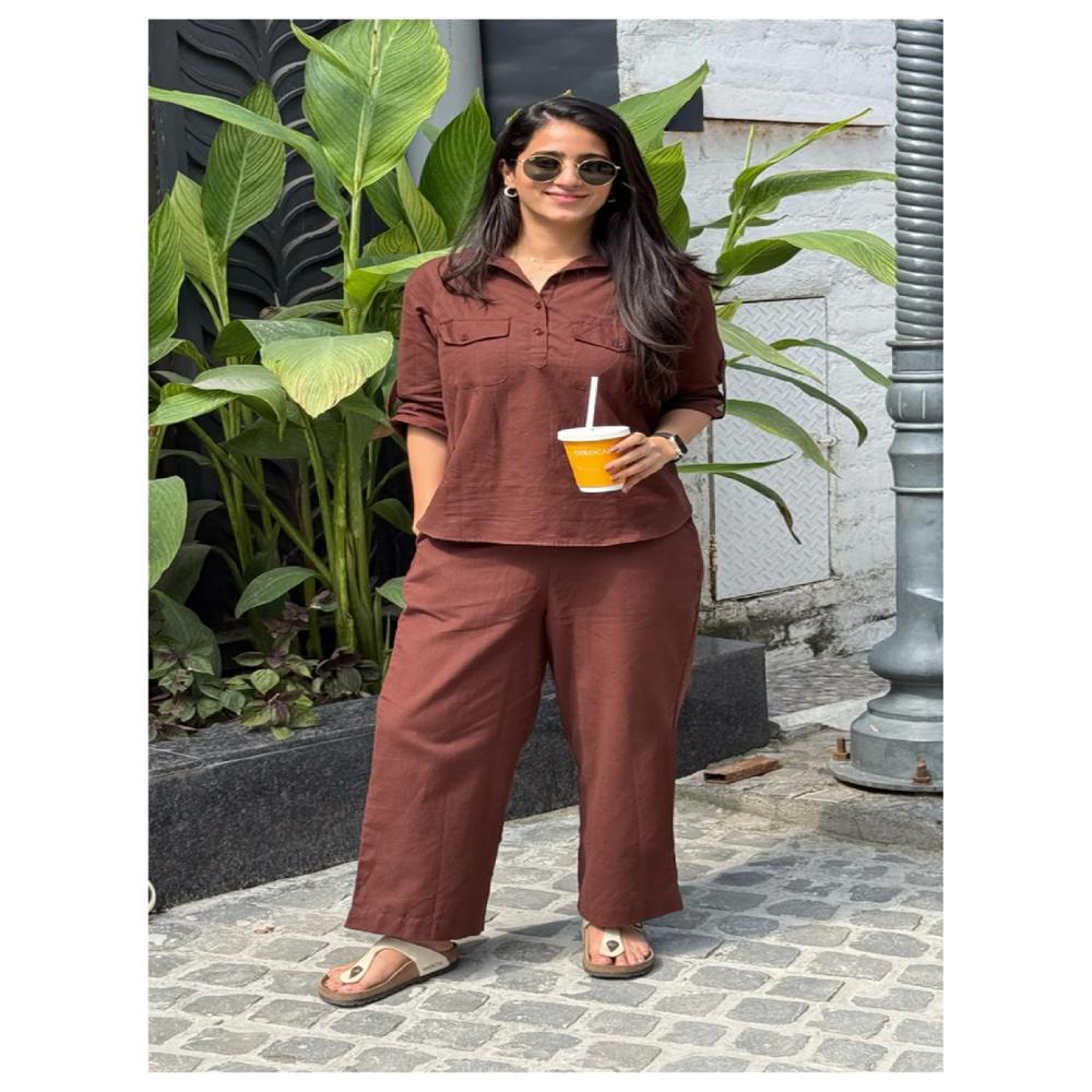 Brown Cord Set - Cotton Blend, Regular Fit, Brown | Full Sleeve, Chest Flap Pockets, Elastic Waistband