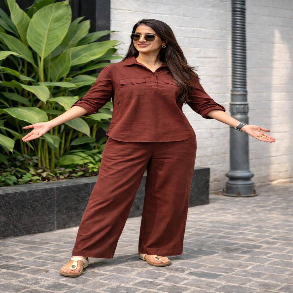 Brown Cord Set - Cotton Blend, Regular Fit, Brown | Full Sleeve, Chest Flap Pockets, Elastic Waistband