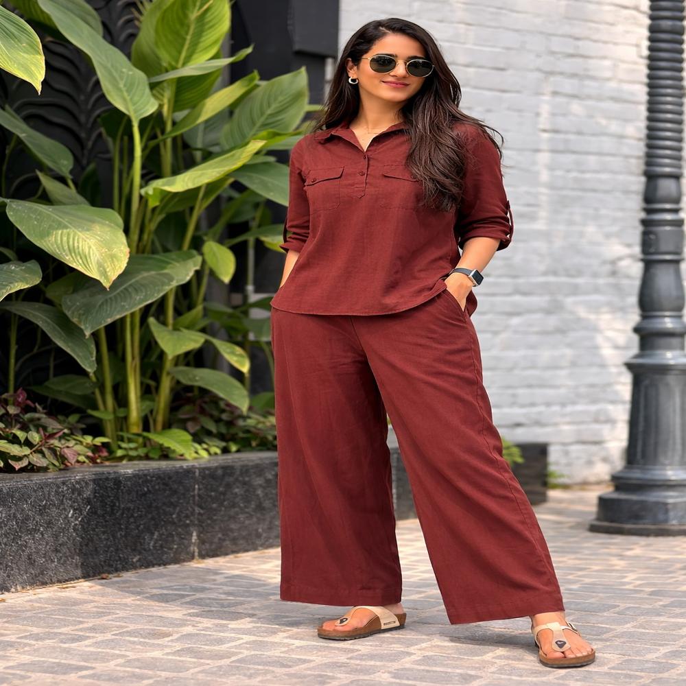 Brown Cord Set - Cotton Blend, Regular Fit, Brown | Full Sleeve, Chest Flap Pockets, Elastic Waistband