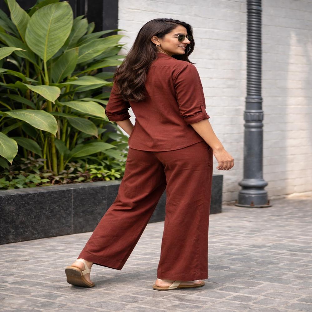 Brown Cord Set - Cotton Blend, Regular Fit, Brown | Full Sleeve, Chest Flap Pockets, Elastic Waistband