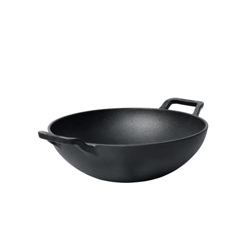 Meyer Pre Seasoned Cast Iron Kadai Without Lid | Iron Kadai for Cooking | Cast Iron Kadhai | Deep Frying Kadai with Heavy Bottom, Gas and Induction Compatible, 20cm, Black 48699
