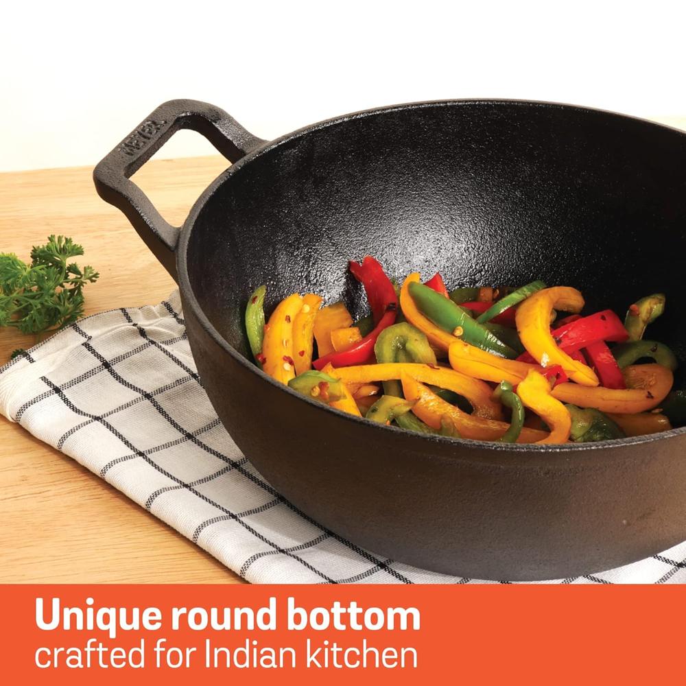 Meyer Pre Seasoned Cast Iron Kadai Without Lid | Iron Kadai for Cooking | Cast Iron Kadhai | Deep Frying Kadai with Heavy Bottom, Gas and Induction Compatible, 20cm, Black 48699