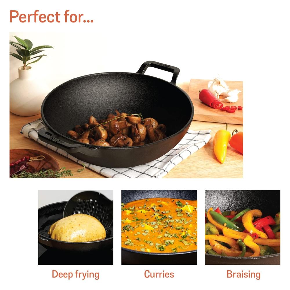 Meyer Pre Seasoned Cast Iron Kadai Without Lid | Iron Kadai for Cooking | Cast Iron Kadhai | Deep Frying Kadai with Heavy Bottom, Gas and Induction Compatible, 20cm, Black 48699