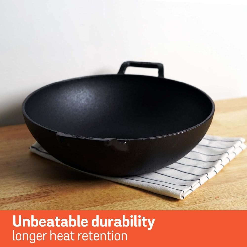 Meyer Pre Seasoned Cast Iron Kadai Without Lid | Iron Kadai for Cooking | Deep Frying Kadai | Kadhai for Kitchen with Heavy Bottom | Gas and Induction Compatible, 24cm, Black 48700