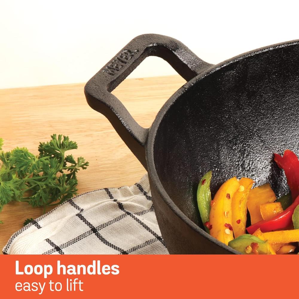 Meyer Pre Seasoned Cast Iron Kadai Without Lid | Iron Kadai for Cooking | Cast Iron Kadhai | Induction Kadai | Deep Frying Kadai | Heavy Bottom Iron Kadai, 26cm, Black