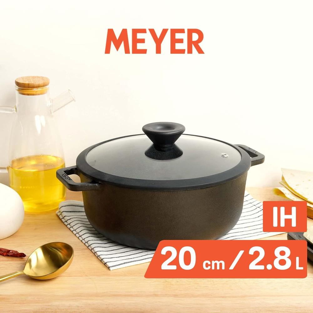 Meyer Pre-Seasoned Cast Iron Dutch Oven | Biryani Pot with Induction Bottom | Heavy Bottom Casserole & Stew Pot, 20cm/ 2.8 Litre, Black 48240