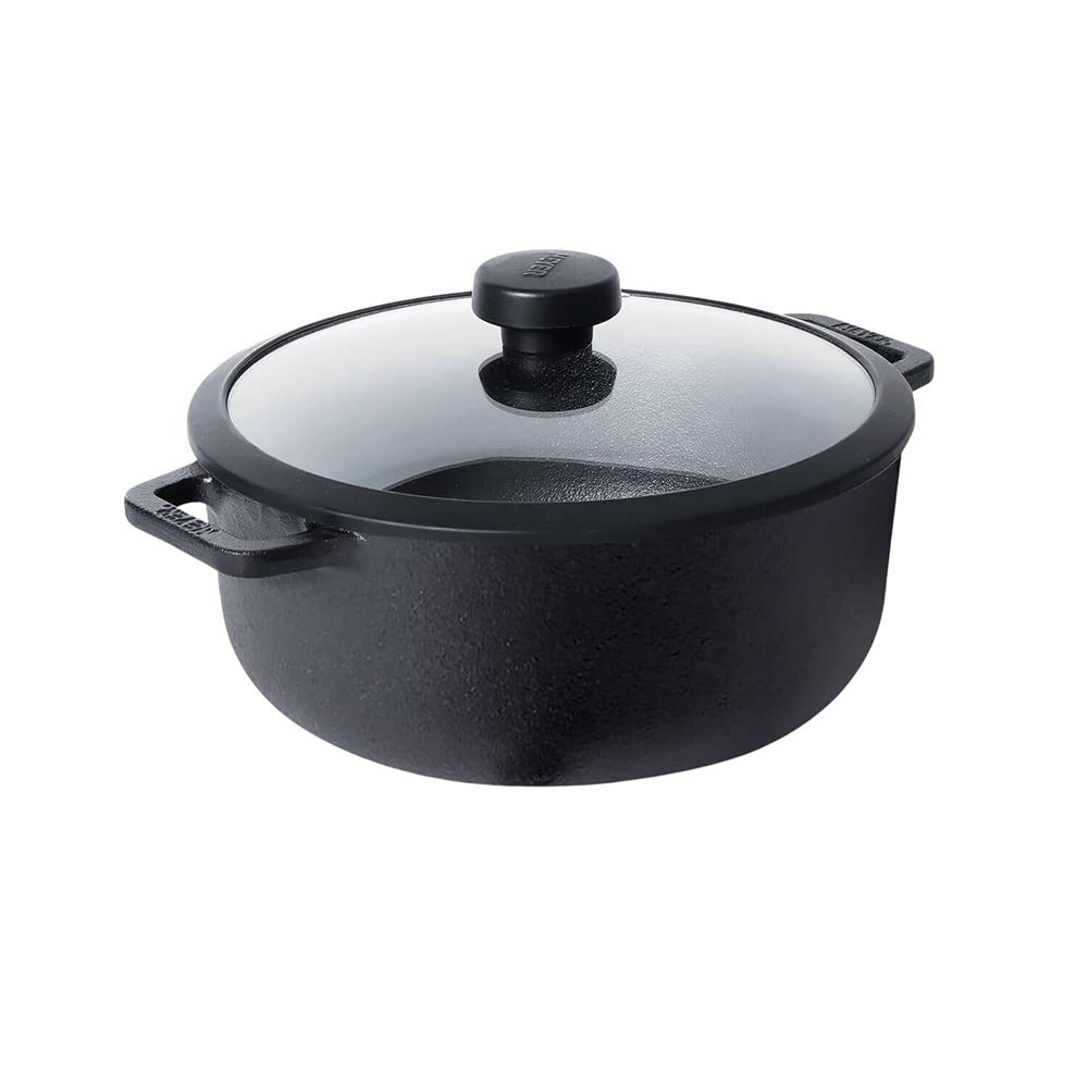 Meyer Pre-Seasoned Cast Iron Dutch Oven | Biryani Pot | Cast Iron Casserole with Heavy Bottom |Cooking Pot with Lid| Biryani Pot Induction Bottom| Stew Pot| Cast Iron Cookware 24cm/ 4.6 Litre, Black 48241