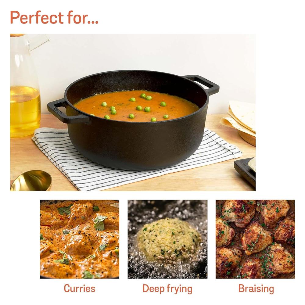 Meyer Pre-Seasoned Cast Iron Dutch Oven | Biryani Pot | Cast Iron Casserole with Heavy Bottom |Cooking Pot with Lid| Biryani Pot Induction Bottom| Stew Pot| Cast Iron Cookware 24cm/ 4.6 Litre, Black 48241