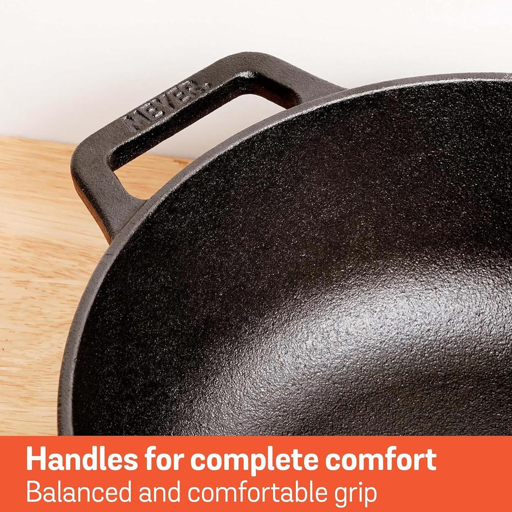 Meyer Pre-Seasoned Cast Iron Dutch Oven | Biryani Pot | Cast Iron Casserole with Heavy Bottom |Cooking Pot with Lid| Biryani Pot Induction Bottom| Stew Pot| Cast Iron Cookware 24cm/ 4.6 Litre, Black 48241