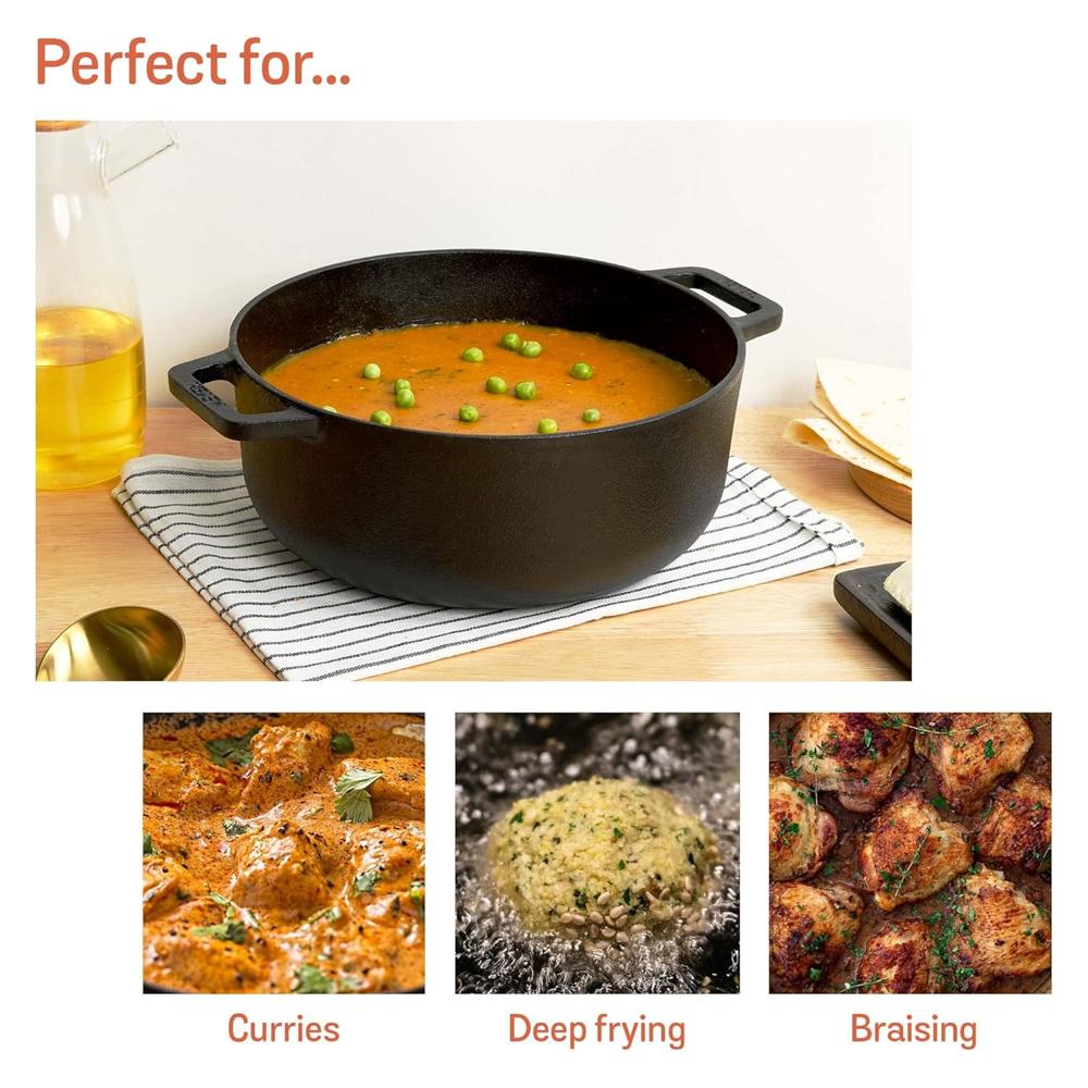Meyer Pre-Seasoned Cast Iron Dutch Oven | Biryani | Cast Iron Casserole with Heavy Bottom |Cooking Pot with Lid| Biryani Pot Induction Bottom| Stew Pot| Cookware, 26cm/ 5.2 Litre, Black 48645