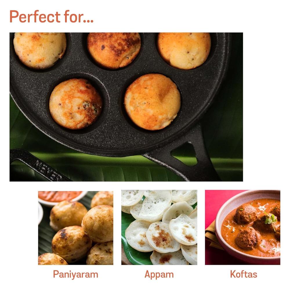 Meyer Pre Seasoned Cast Iron 7 Cavity Appam Patra Paniyarakkal | Paniyaram | Appam Pan | Pan Cake Maker | Appam Maker | Ponganal Maker | Kuzhi | Paddu Tawa Single Handle, 20cm (Black) 48484