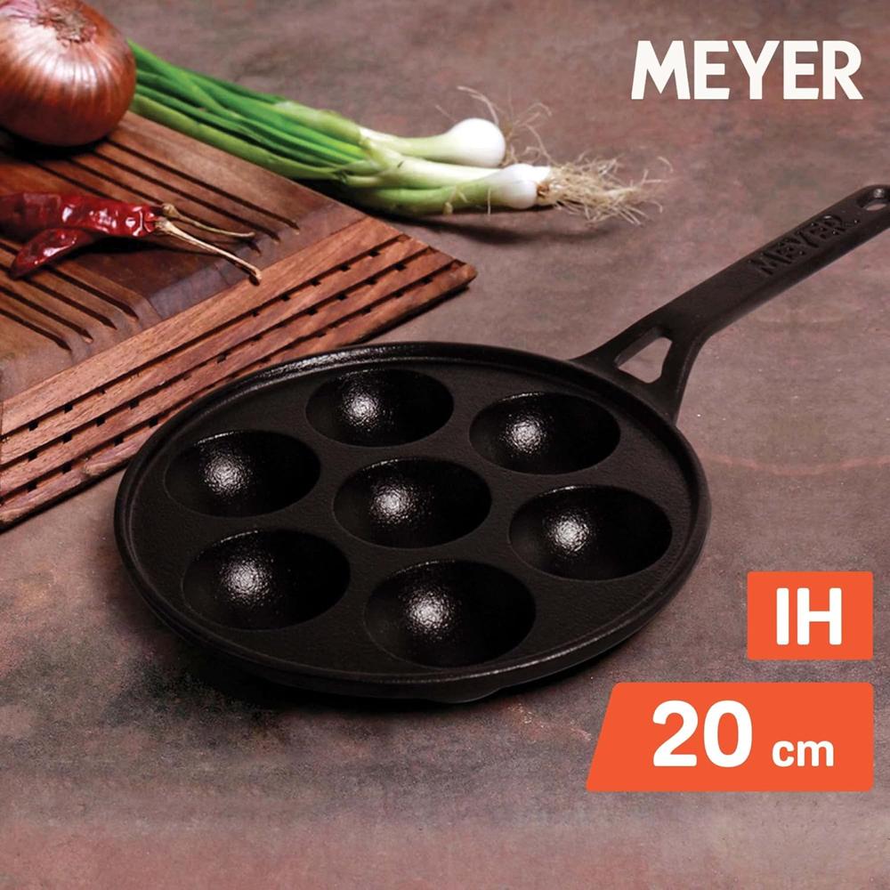 Meyer Pre Seasoned Cast Iron 7 Cavity Appam Patra Paniyarakkal | Paniyaram | Appam Pan | Pan Cake Maker | Appam Maker | Ponganal Maker | Kuzhi | Paddu Tawa Single Handle, 20cm (Black) 48484