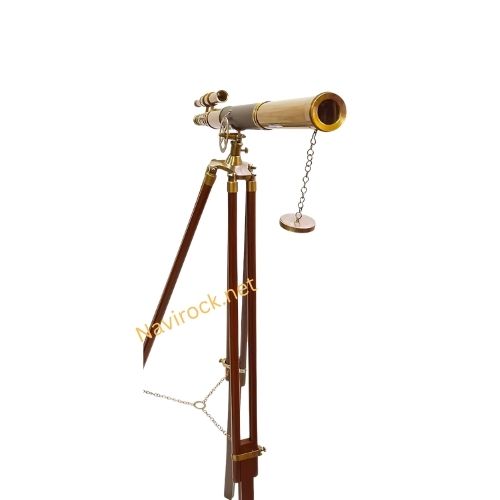 Antique Double Barrel Telescope Antique Finish with Brown Wooden Tripod
