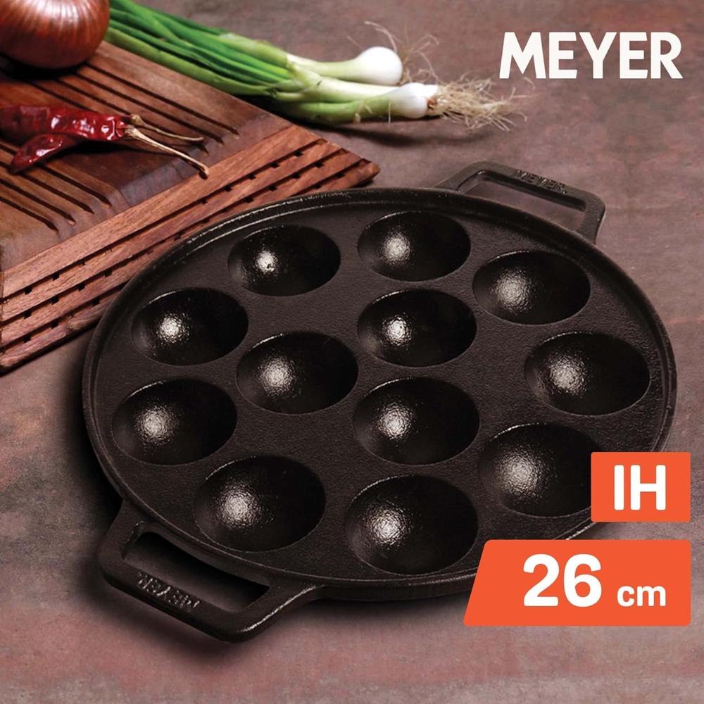 Meyer Pre Seasoned Cast Iron 12 Cavity Appam Patra, Paniyaram Pan Iron, Appam Pan, Pan Cake, Paddu, Appam Maker, Ponganal Maker, Appe and Litti Maker with 2 Side Handle, 26cm, Black 48485