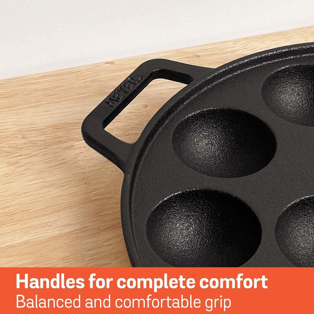 Meyer Pre Seasoned Cast Iron 12 Cavity Appam Patra, Paniyaram Pan Iron, Appam Pan, Pan Cake, Paddu, Appam Maker, Ponganal Maker, Appe and Litti Maker with 2 Side Handle, 26cm, Black 48485