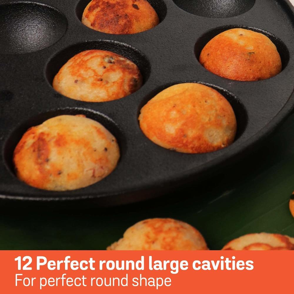 Meyer Pre Seasoned Cast Iron 12 Cavity Appam Patra, Paniyaram Pan Iron, Appam Pan, Pan Cake, Paddu, Appam Maker, Ponganal Maker, Appe and Litti Maker with 2 Side Handle, 26cm, Black 48485
