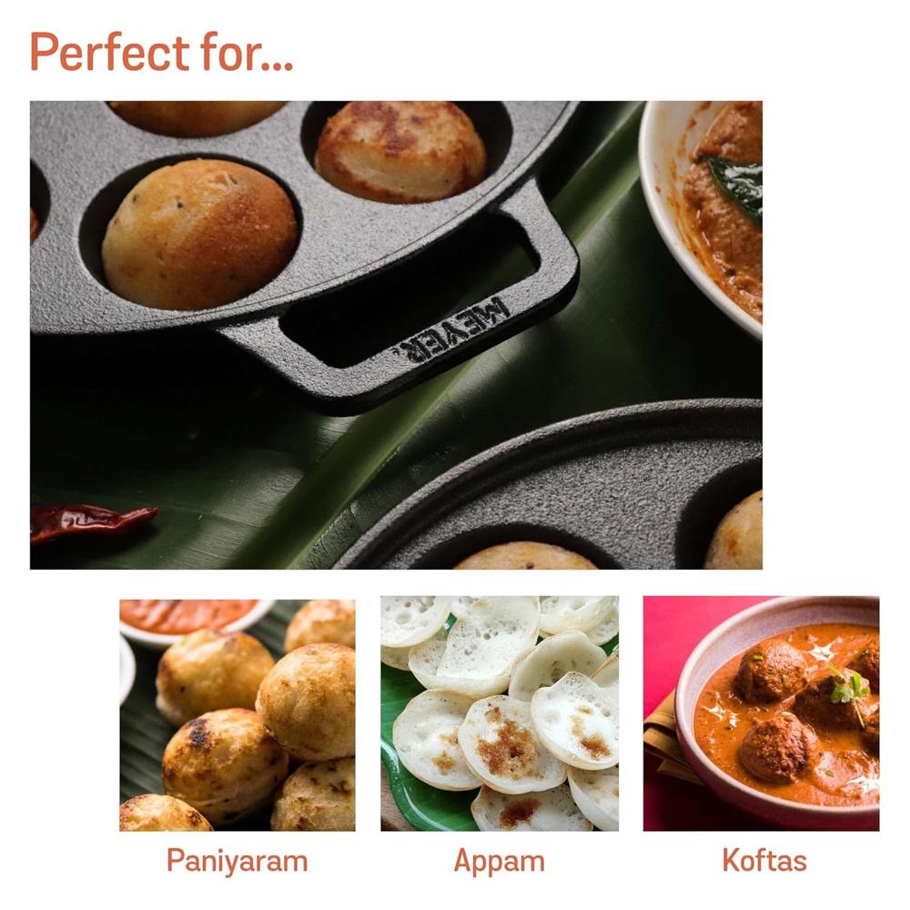 Meyer Pre Seasoned Cast Iron 12 Cavity Appam Patra, Paniyaram Pan Iron, Appam Pan, Pan Cake, Paddu, Appam Maker, Ponganal Maker, Appe and Litti Maker with 2 Side Handle, 26cm, Black 48485