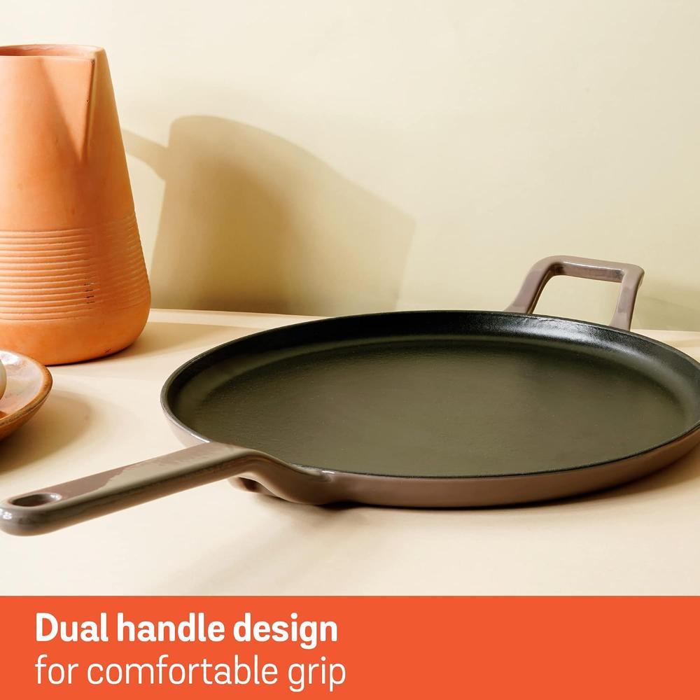 Meyer Enamel Cast Iron Dosa Tawa Pan | Roti Tawa With Induction Base | Iron Cookware for Kitchen, 28cm, Grey 48601