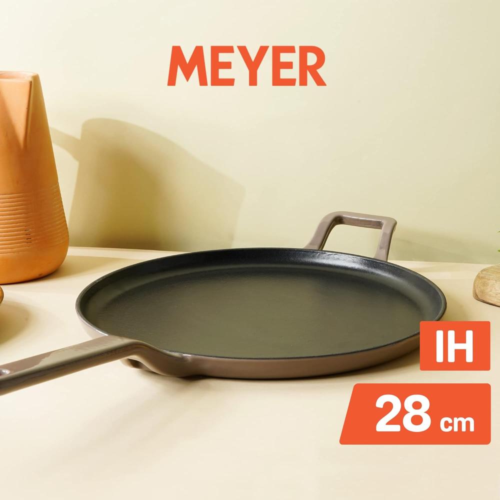 Meyer Enamel Cast Iron Dosa Tawa Pan | Roti Tawa With Induction Base | Iron Cookware for Kitchen, 28cm, Grey 48601