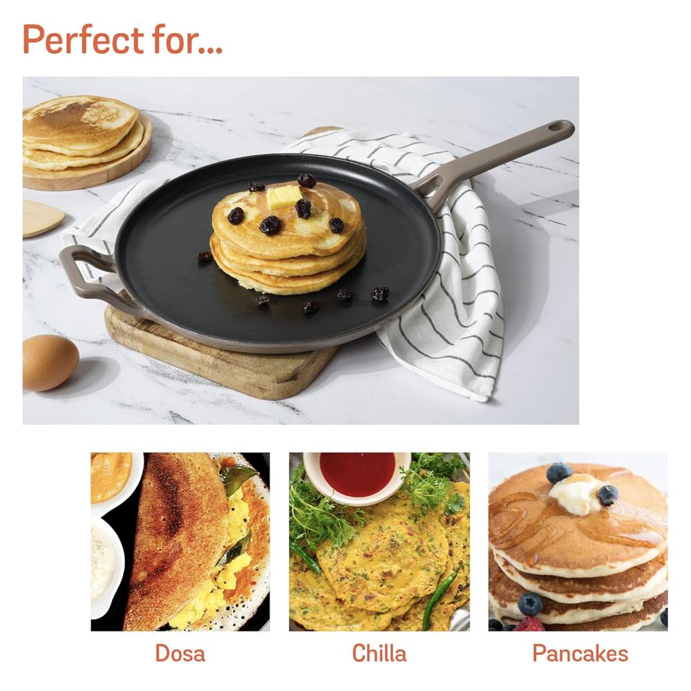Meyer Enamel Cast Iron Dosa Tawa Pan | Roti Tawa With Induction Base | Iron Cookware for Kitchen, 28cm, Grey 48601