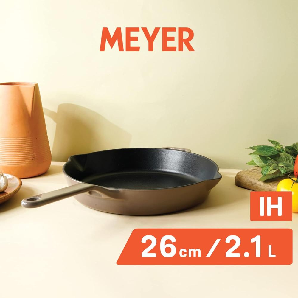 Meyer Enamel Cast Iron Frypan | Cast Iron Frying Pan | Cast Iron Skillet | Iron Pan for Cooking | Emamel Cast Iron Cookware | Fry Pan Gas and Induction Suitable, 26cm, Grey 48602