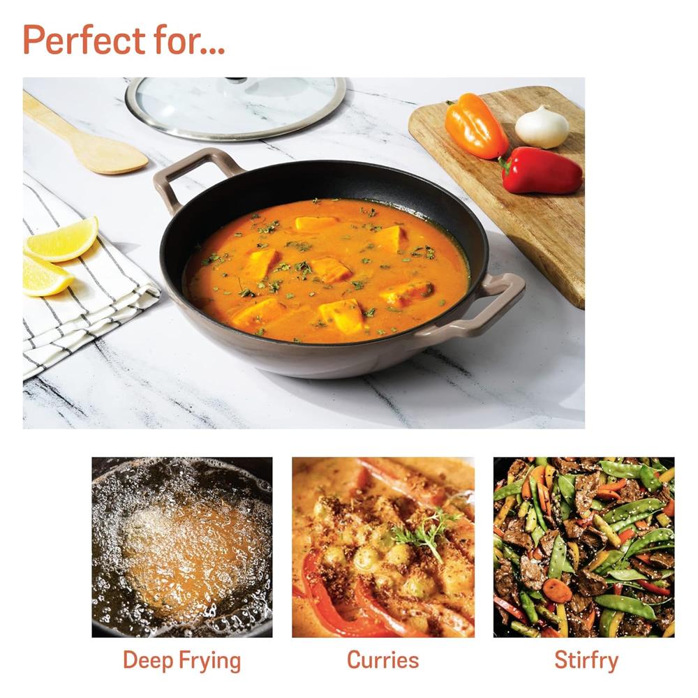 Meyer Enamel Cast Iron Kadai | Iron Kadhai with Lid | Iron Kadai Big Size for Cooking | Deep Kadhai Induction Base | Kadhai Heavy Bottom | Enameled Cast Iron Cookware, 26cm,Grey 48603  