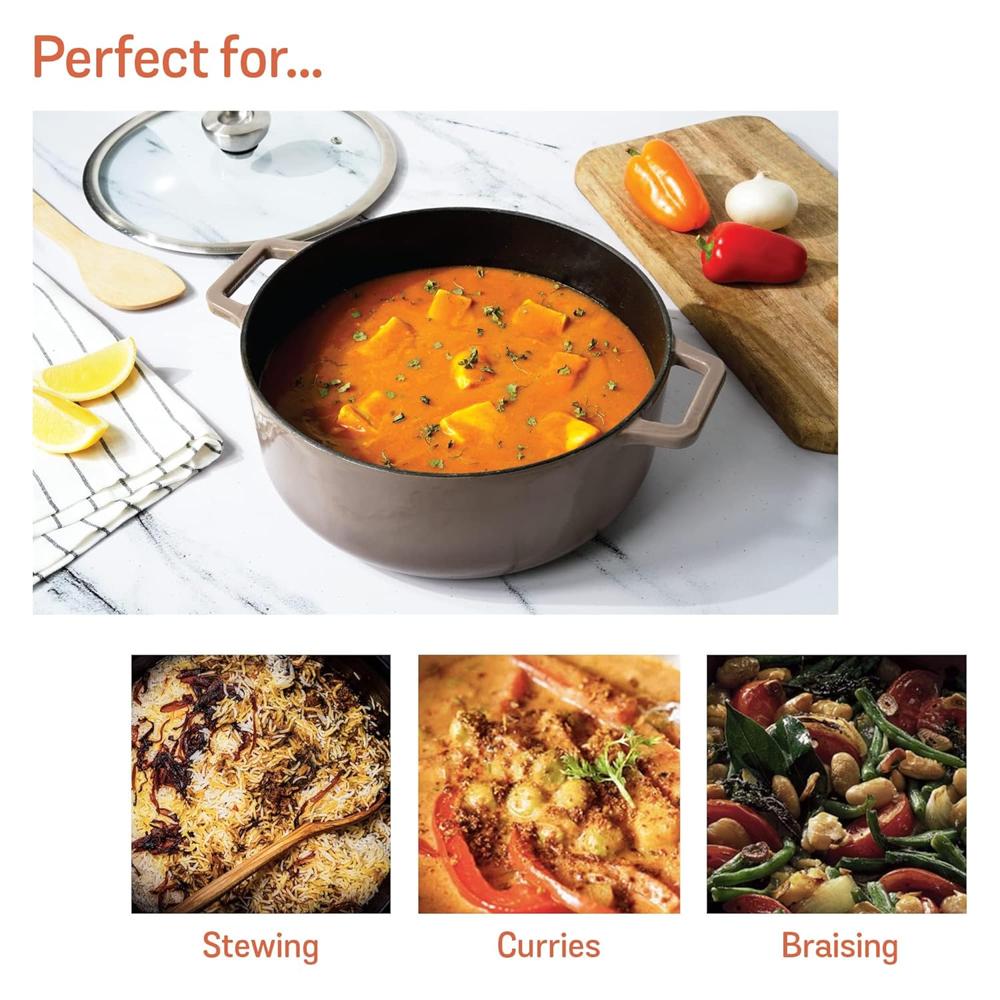 Meyer Enamel Cast Iron Sauteuse | Dutch Oven with Induction Base | Enameled Cast Iron Cookware, 26cm, Grey
