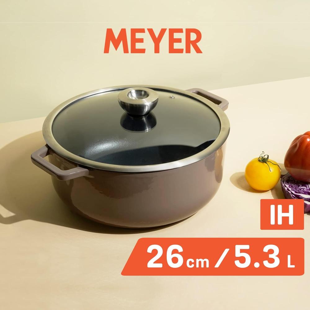 Meyer Enamel Cast Iron Sauteuse | Dutch Oven with Induction Base | Enameled Cast Iron Cookware, 26cm, Grey