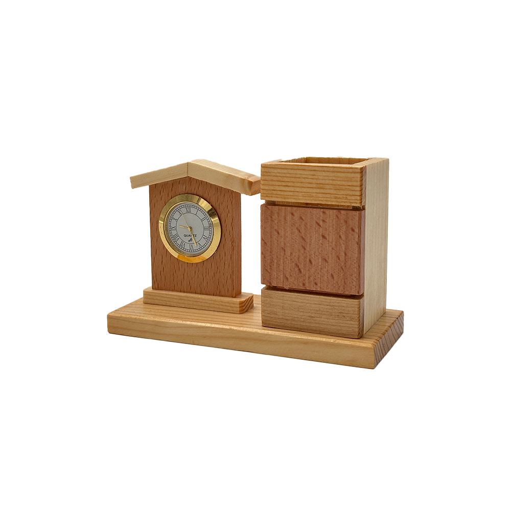 Heritage Wooden House Clock Desk Organizer with Pen Holder