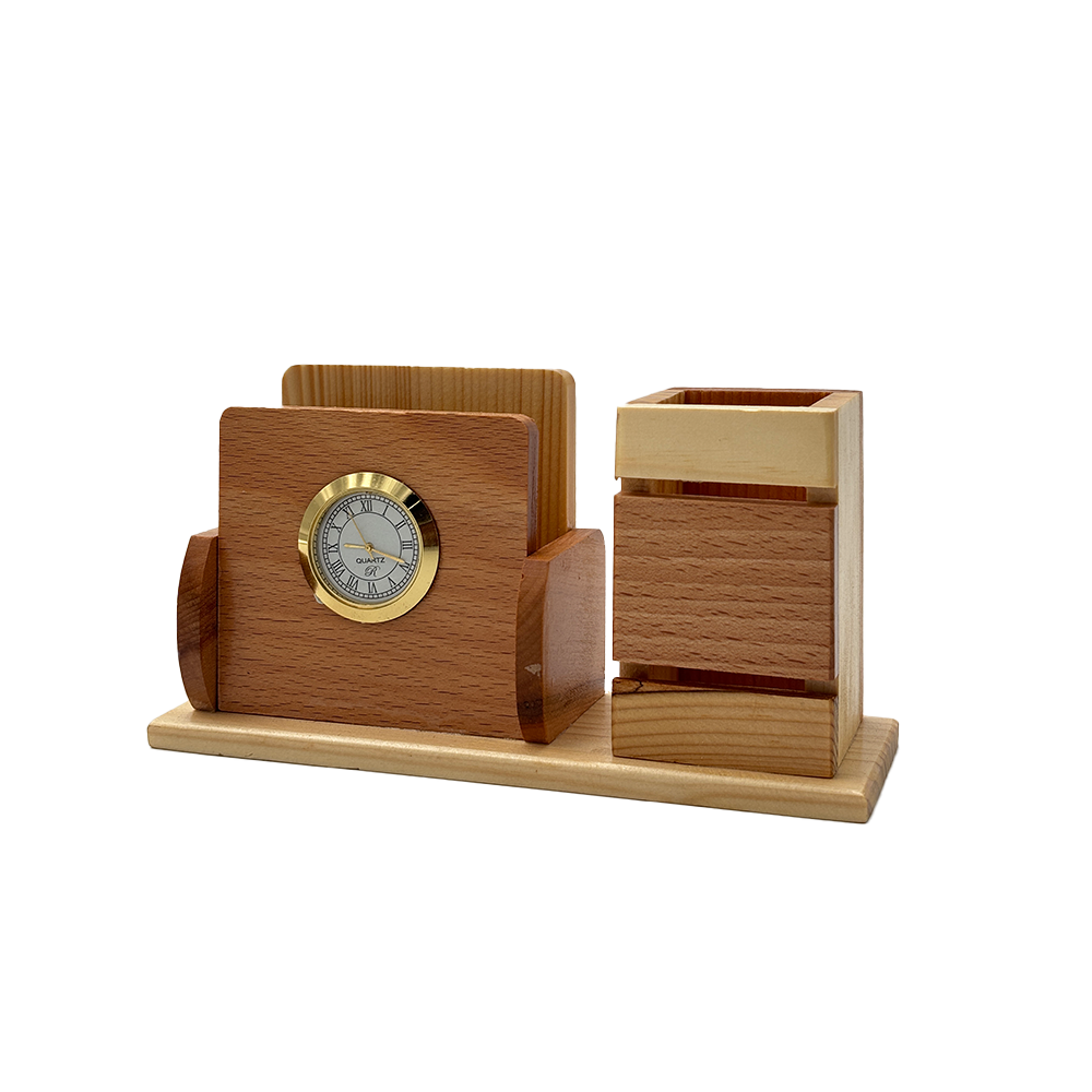 Executive Wooden Desk Organizer With Analog Clock, Pen Holder & Memo Stand - Color: Black
